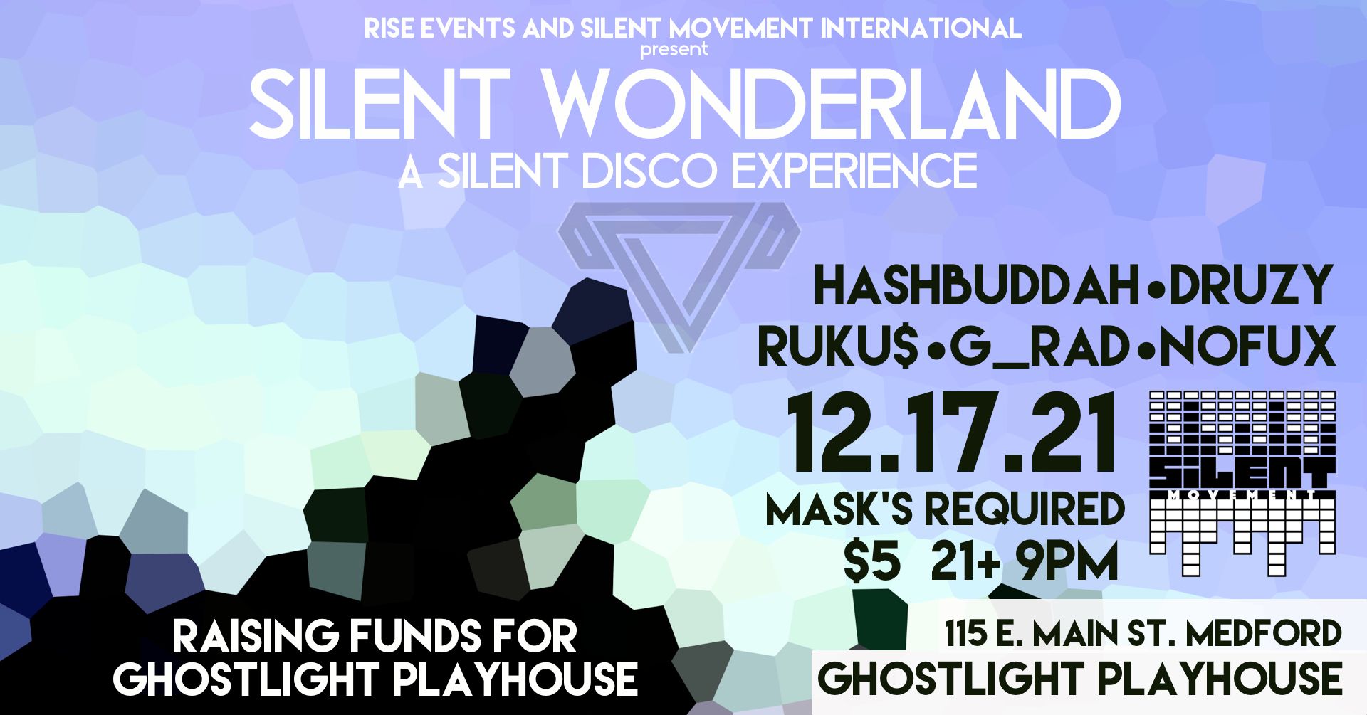 Silent Movement Presents Silent Wonderland, a silent disco experience at the Ghostlight Playhouse on December 17. 5 Dollars at the door, masks required, starts at 9pm, 21+ only..
